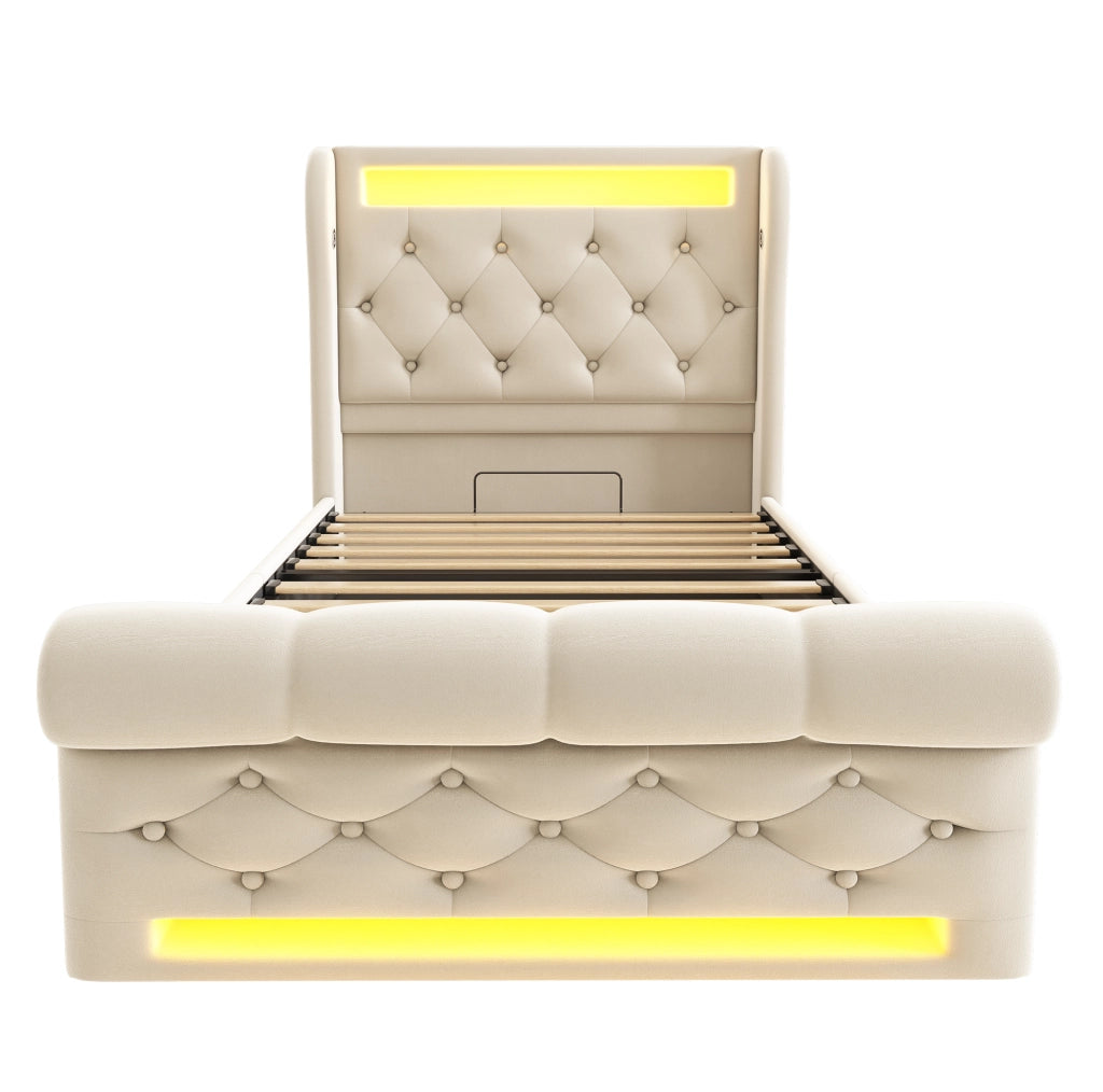 Letto imbottito 90x200 cm con LED, ricarica USB e contenitore idraulico