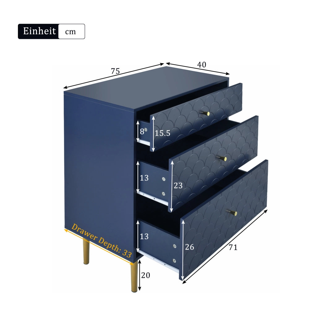 Cassettiera a 3 cassetti in legno e metallo; blu navy; 75 x 40 x 89 cm