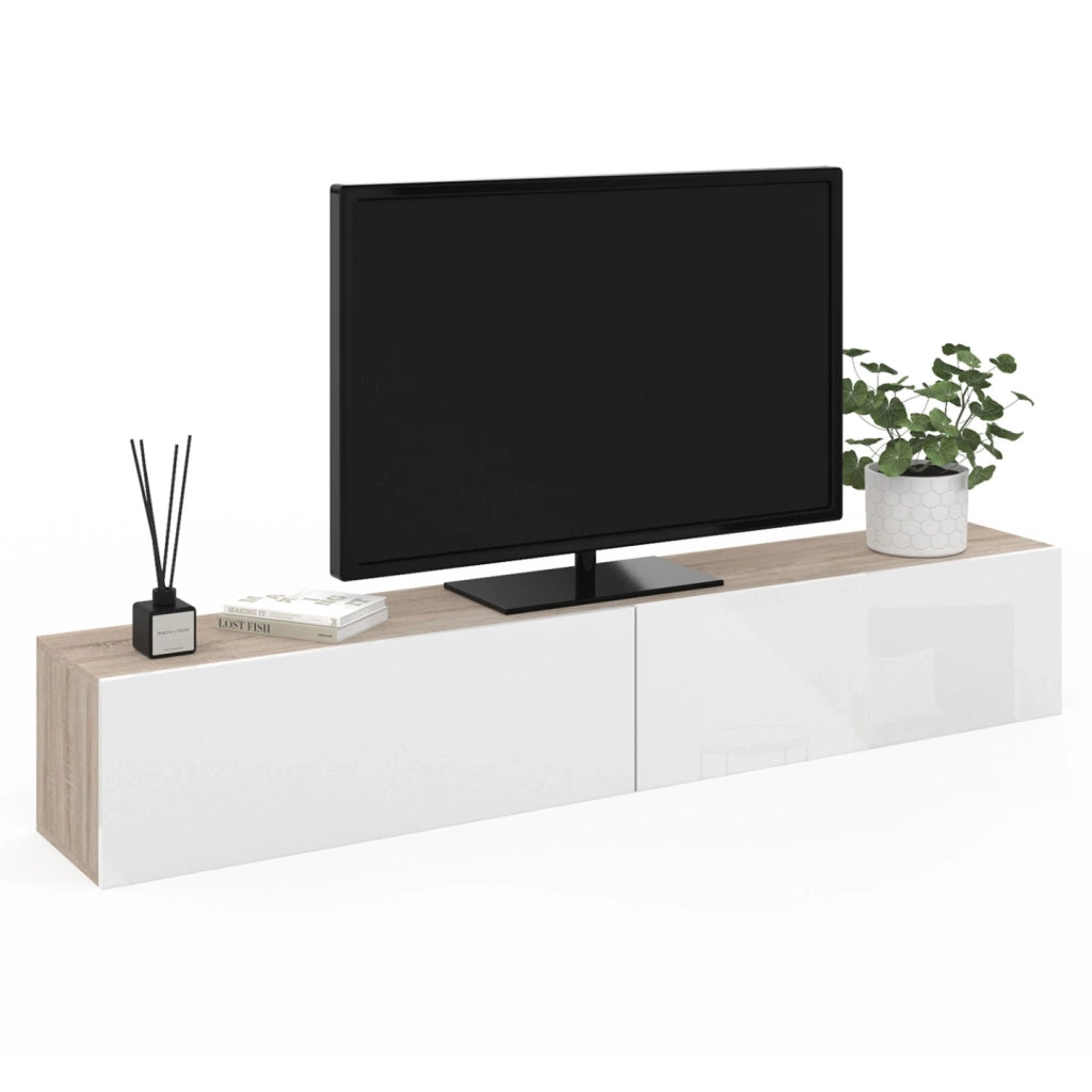 IDMarket - Mueble TV suspendido ELIO 2 puertas madera y blanco 180 cm