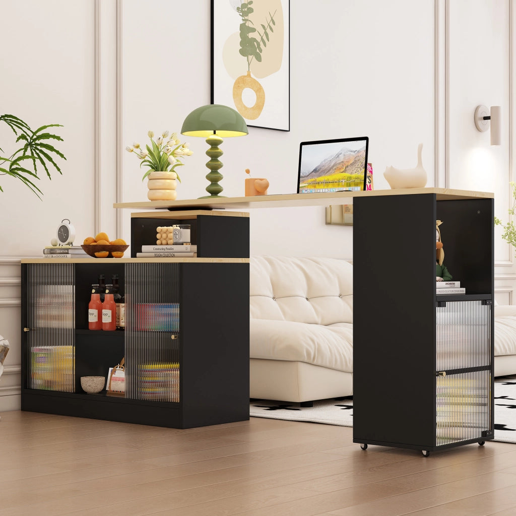 Tavolo bar allungabile nero con contenitore, mobile a 360° in MDF e vetro, salvaspazio