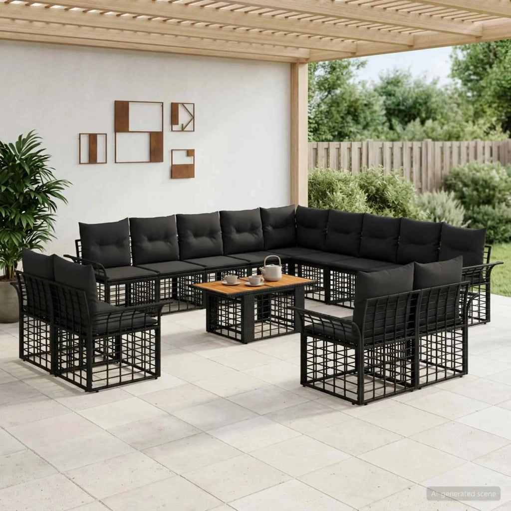Set Divano da Giardino 14 pz Nero e Grigio scuro polyrattan 3438035
