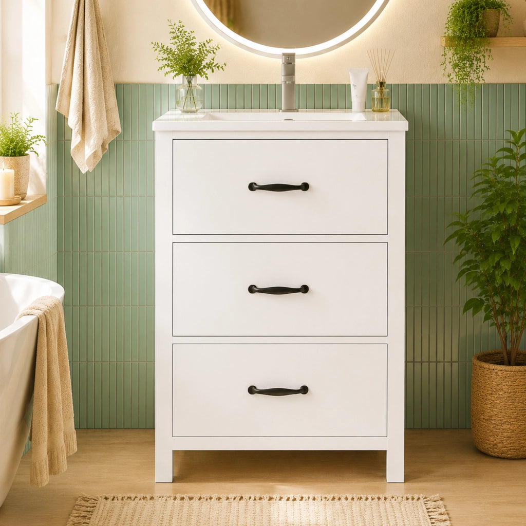 Mobile lavabo con 3 cassetti; lavabo in ceramica integrato; per bagno; bianco; 61 × 47 × 83 cm