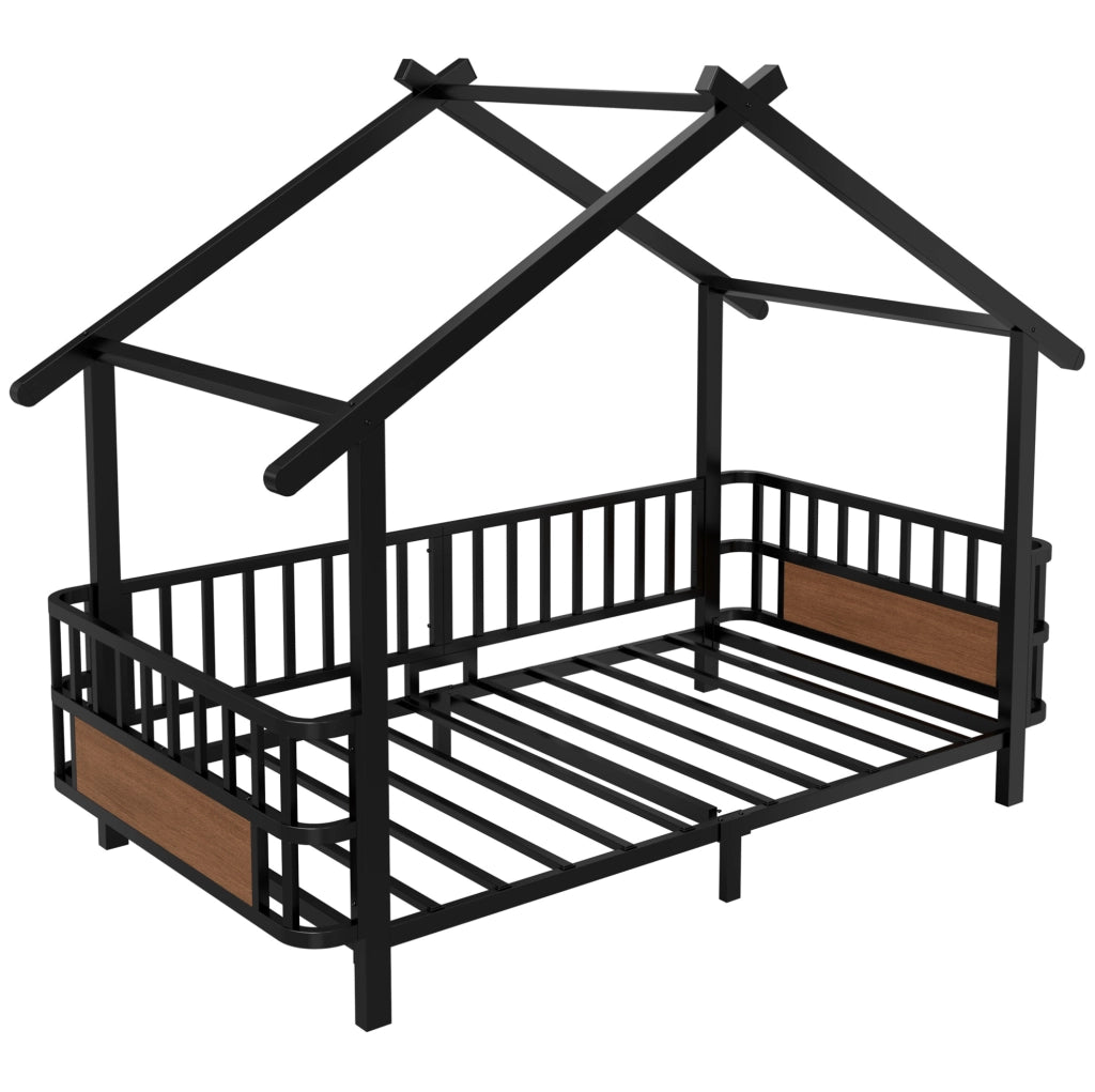 Letto a casetta 90x200 cm con sbarre di sicurezza in metallo nero