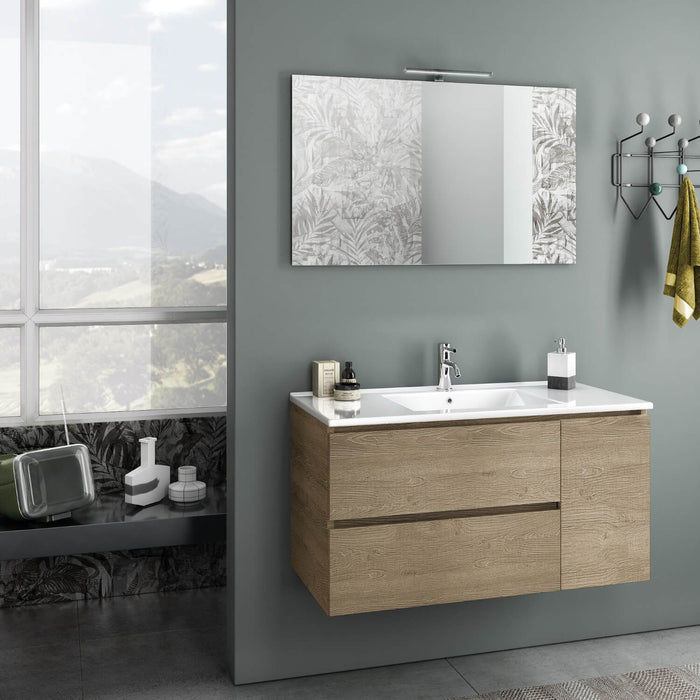 Mobile da Bagno Sospeso con Lavabo Specchio e Lampada a LED TFT Febe Rovere Miele
