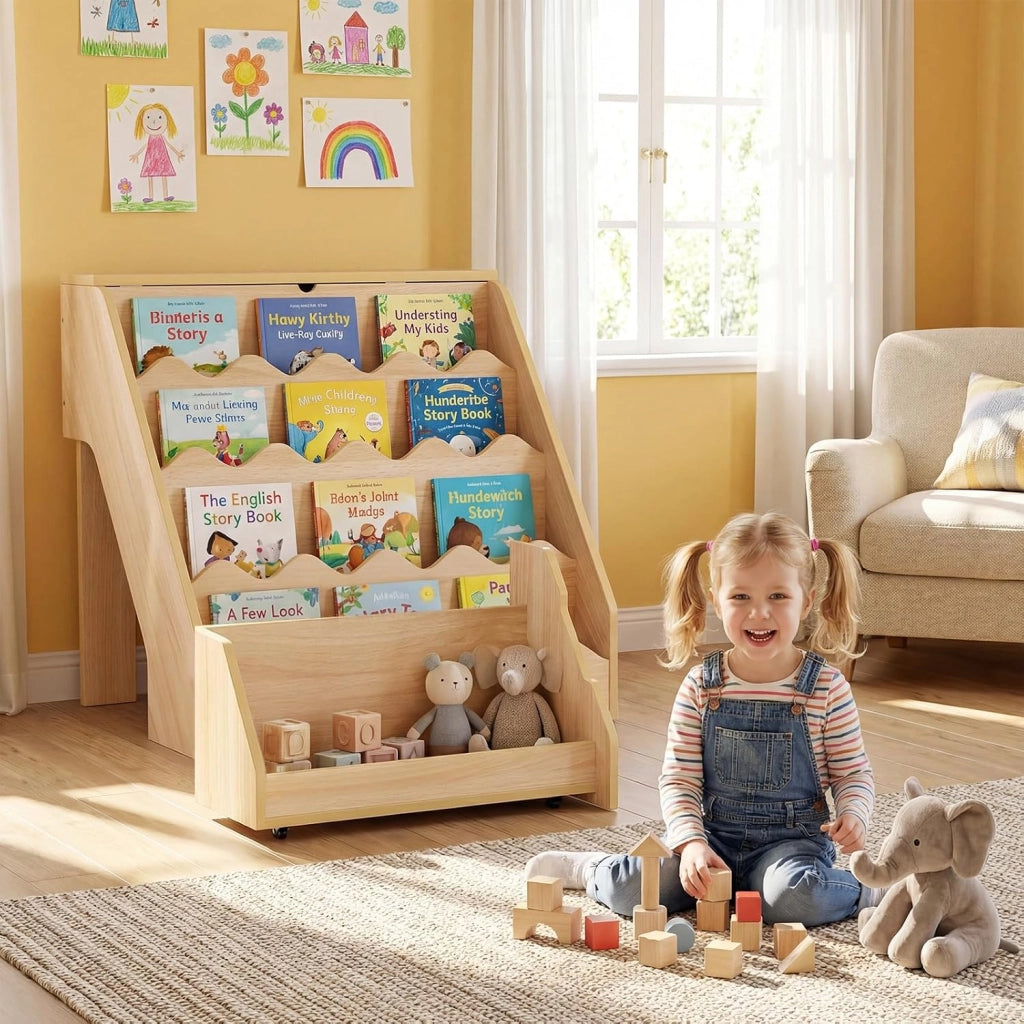 Libreria Montessoriana per Bambini 2in1, Scaffale per Libri a 4 Livelli con Carrello Portagiochi, Vano con Coperchio Ribaltabile, per Cameretta e Stanza dei Giochi, 63x49x61,5 cm (Naturale)