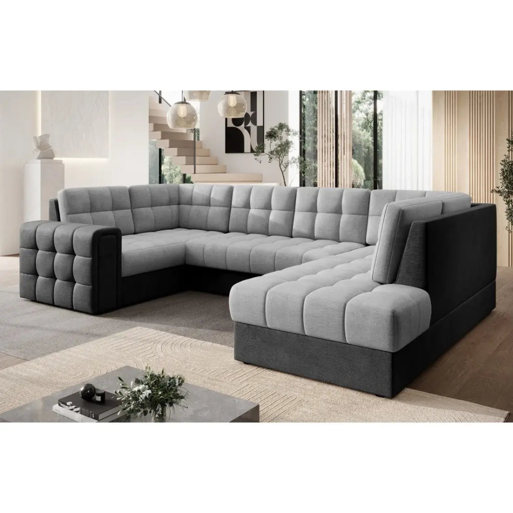 Divano angolare trasformabile MONTEZA nero e grigio 299 cm con vano contenitore e letto