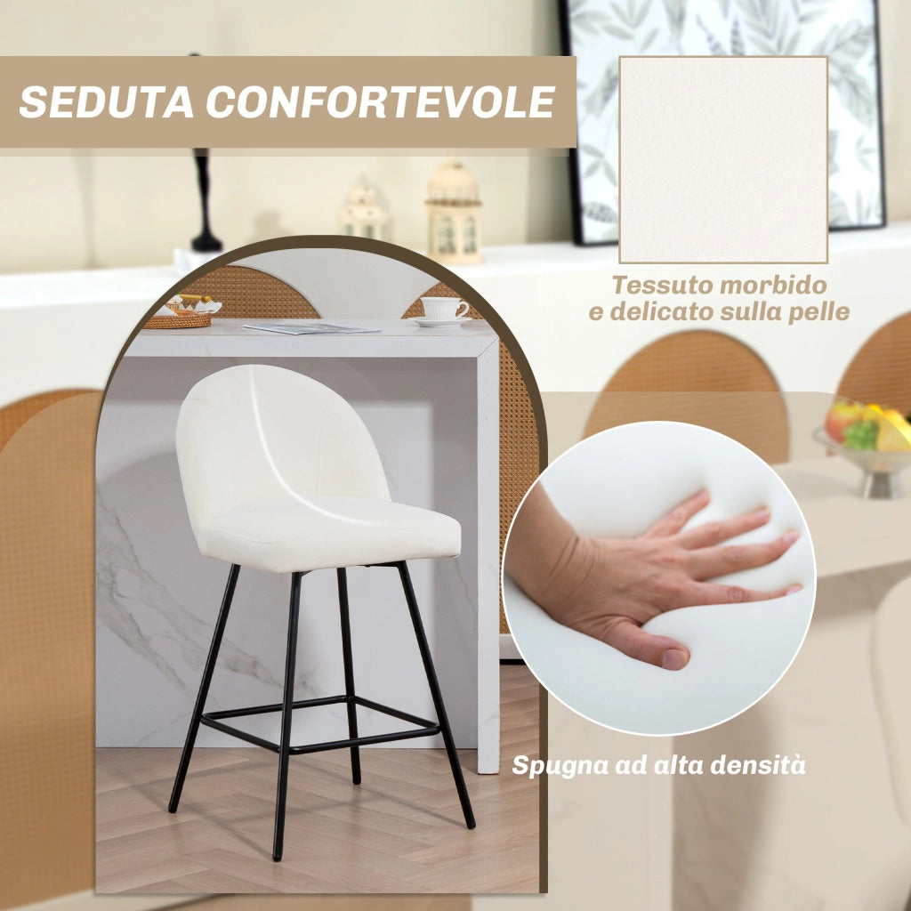 Set da 2 Sgabelli da Bar con Schienale 48,5x56x92 cm in Velluto Bianco Crema
