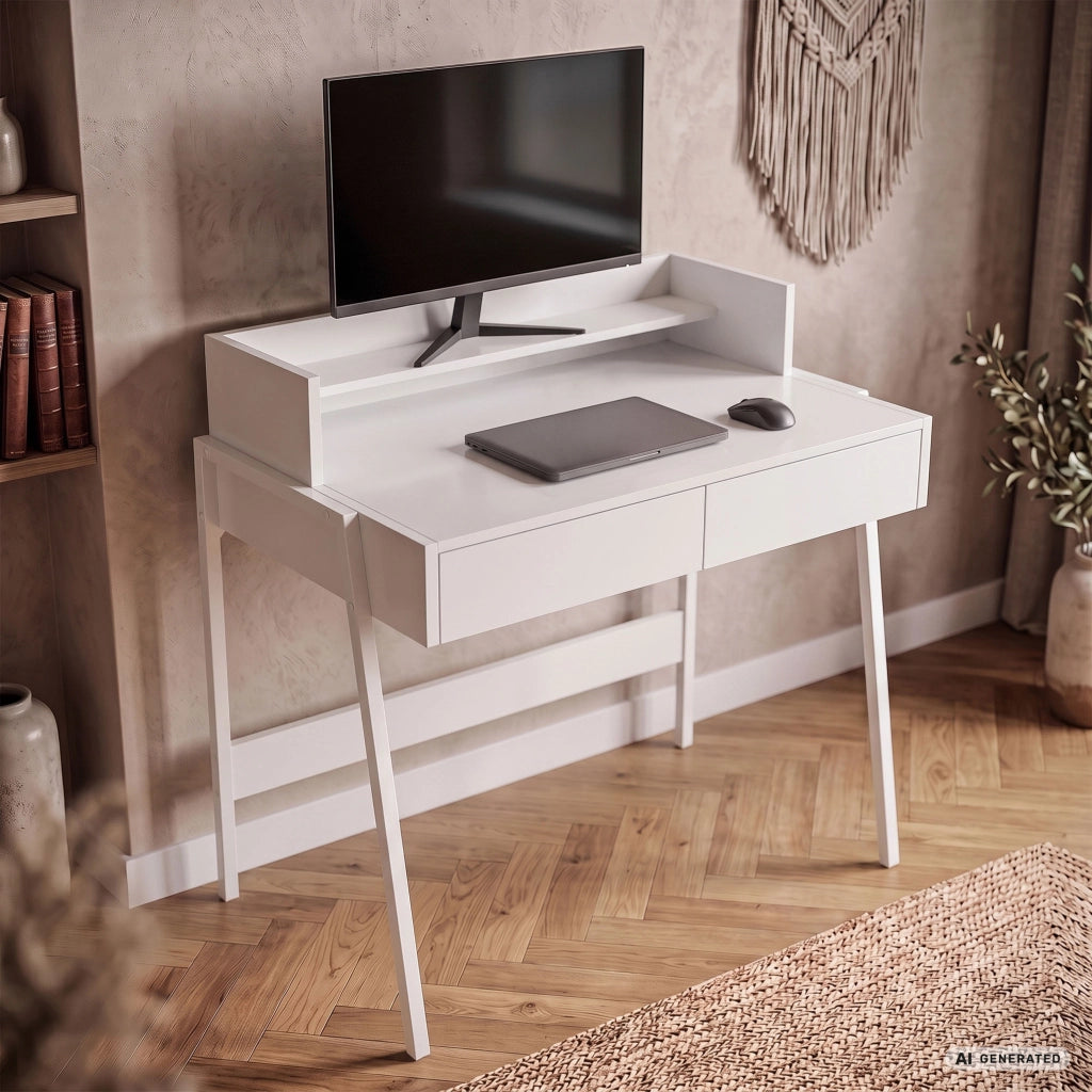 Scrivania industriale per computer Bianca FLUX 78 cm 2 cassetti 1 ripiano gambe bianche
