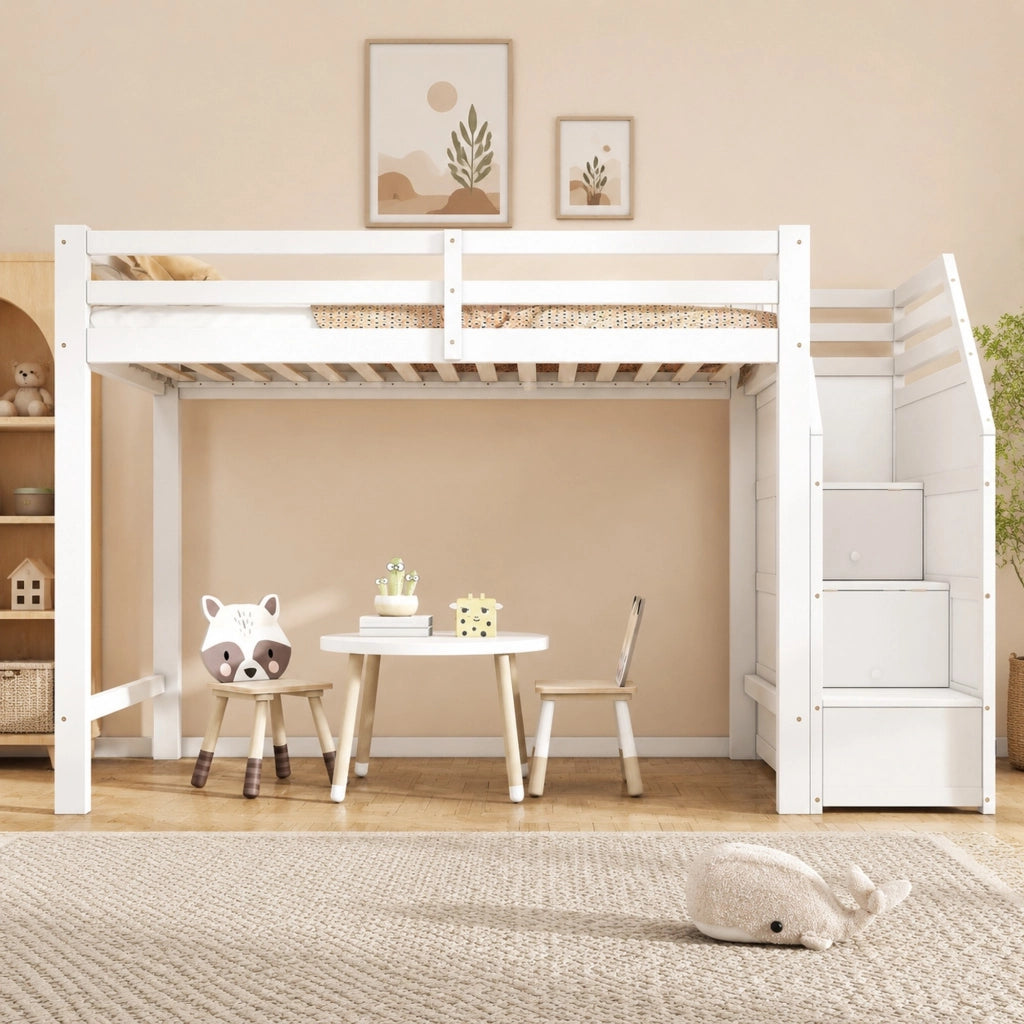 Letto a soppalco per bambini 90x200 cm con rete a doghe; scala contenitore e barriera; bianco
