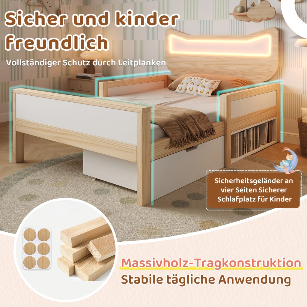 Lettino per bambini con orecchie da gatto e luci a LED 140x200 cm in legno di rovere e bianco