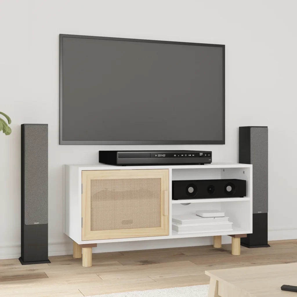 Mobile TV | Armadietto TV | Mobile Porta TV Bianco 80x30x40 cm Massello Pino e Rattan Naturale