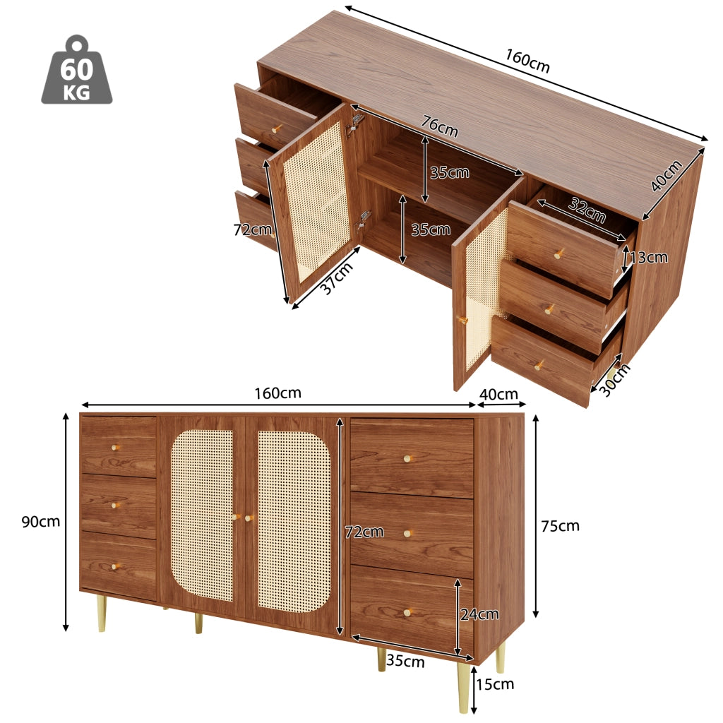 Credenza con 6 Cassetti e 2 Ante in Rattan; Stile Moderno; in MDF; Color Legno; 160??40??90 cm