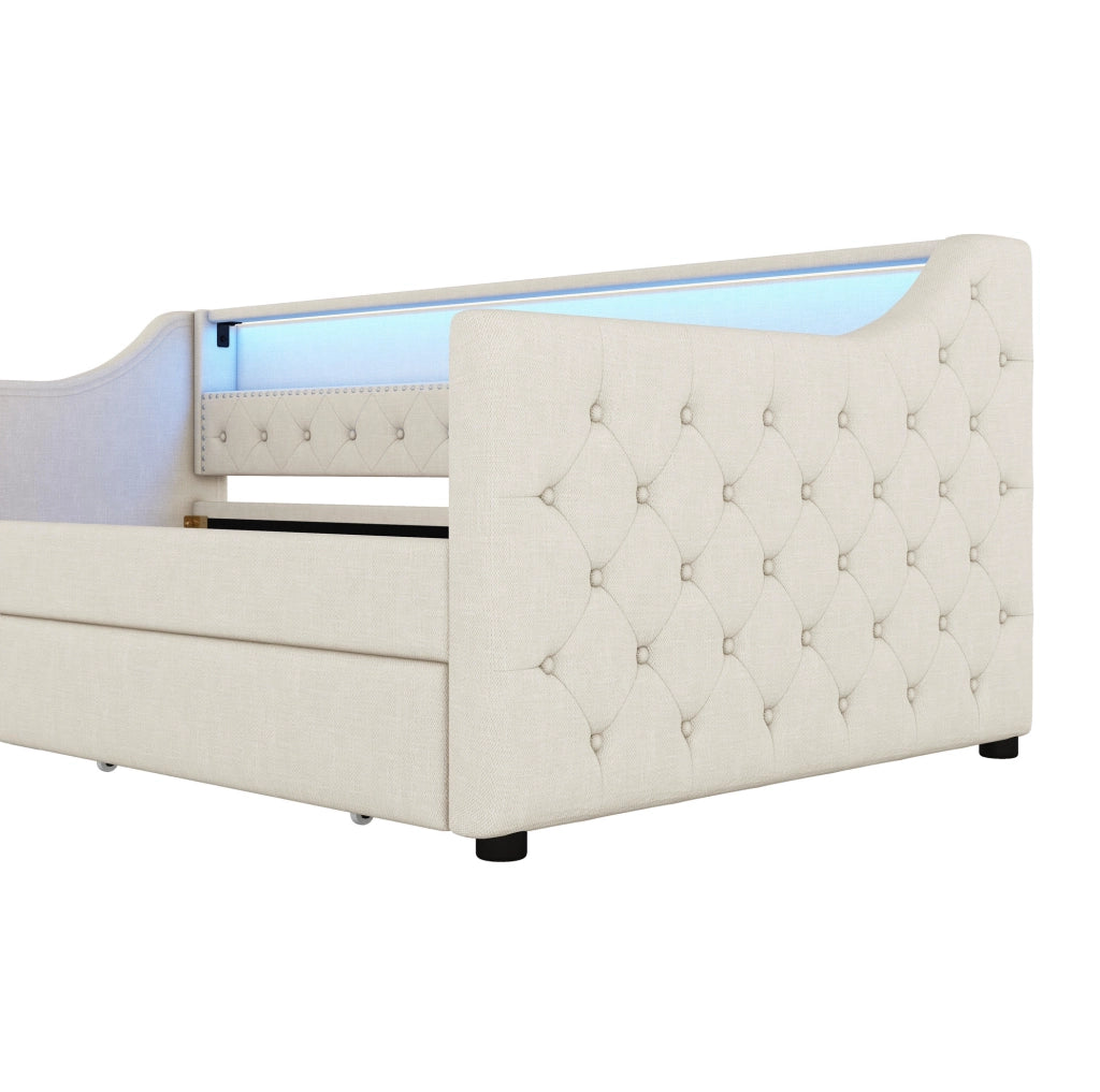 Letto 90x200 cm con LED; USB e 2 cassetti in lino beige