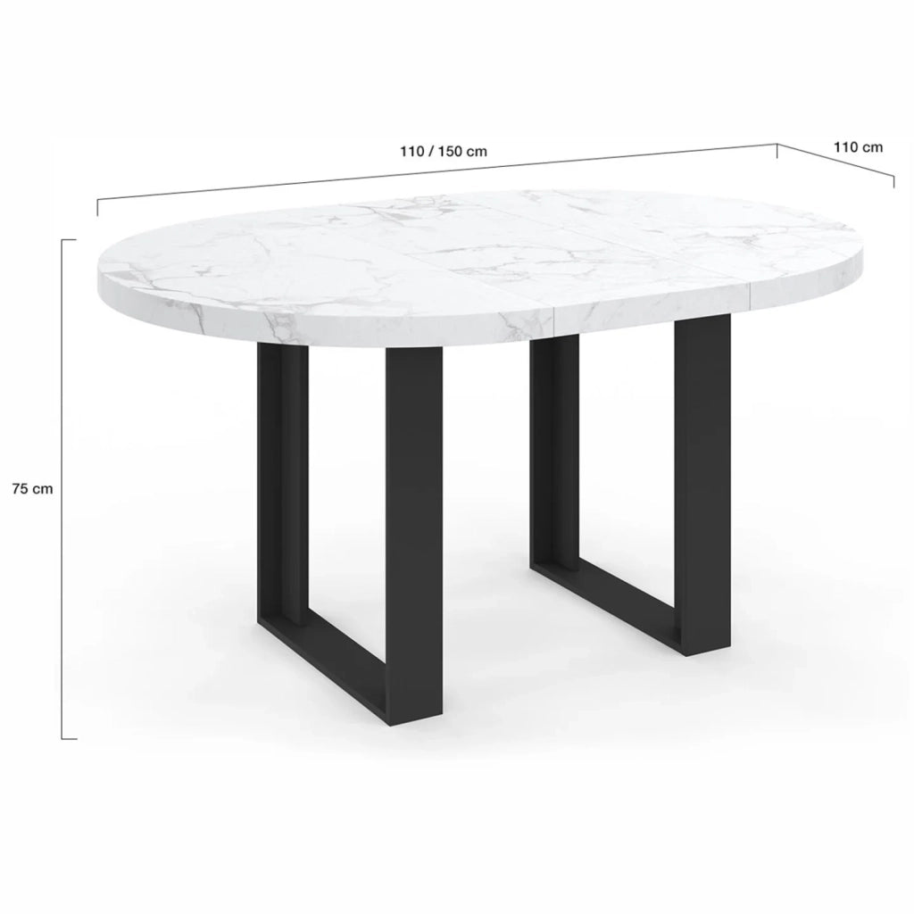 IDMarket - Tavolo da pranzo rotondo allungabile PHOENIX 4-6 persone con piano effetto marmo bianco ALASKA 110-150 cm