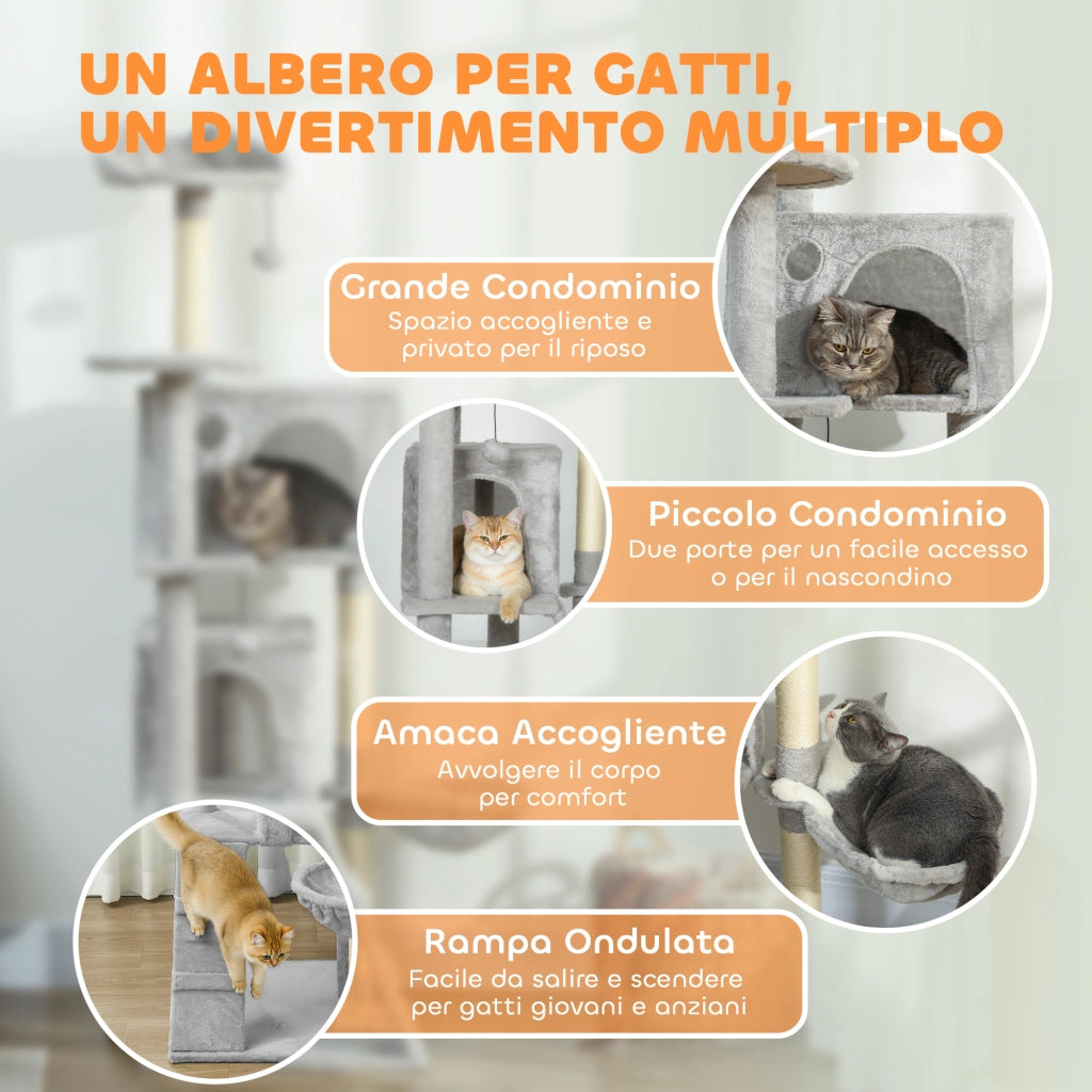 Albero Tiragraffi per Gatti con 2 Casette, Amaca e Lettino ¨C Zephmum ¨C Grigio 48x48x160 cm