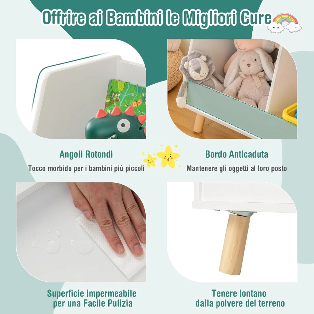 Libreria per Bambini a 5 Cubi, Scaffale Portagiochi a 2 Livelli con Gambe in Legno e Kit Antiribaltamento, per Stanza dei Giochi Camera da Letto, 80x35x71 cm