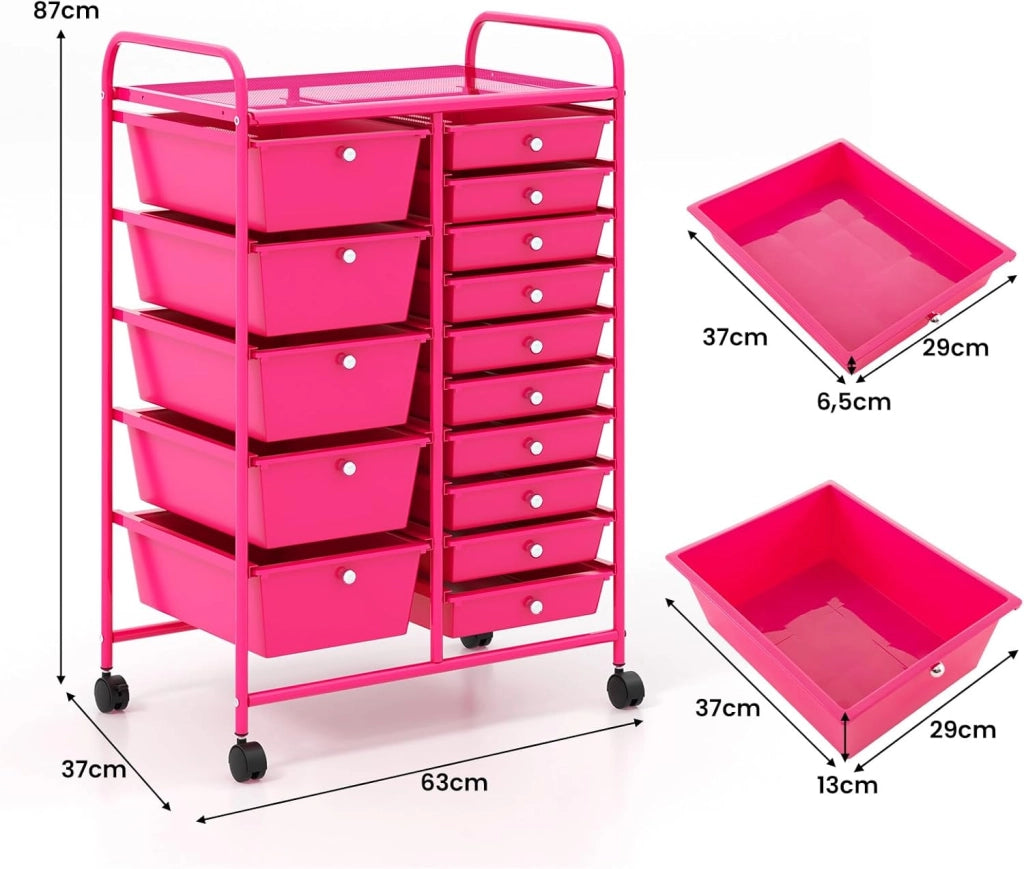 Carrello con 15 Cassetti Impilabili, Carrello di Stoccaggio con Ruote, Carello Portaoggetti per Casa e Ufficio, 63 x 37 x 87 cm (Rosa scuro)