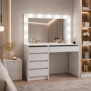 Toeletta trucco Elite bianca con specchio 5 cassetti e lampadine LED 120x55x150H