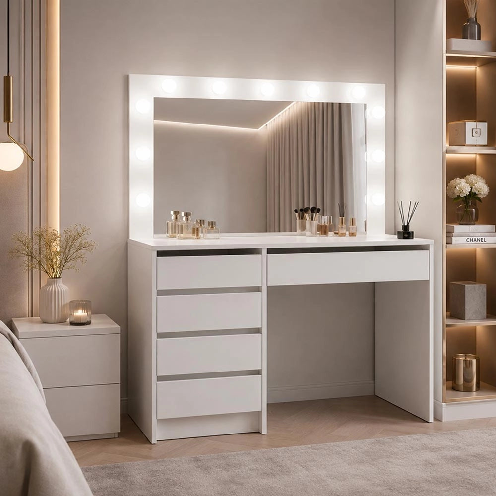 Toeletta trucco Elite bianca con specchio 5 cassetti e lampadine LED 120x55x150H
