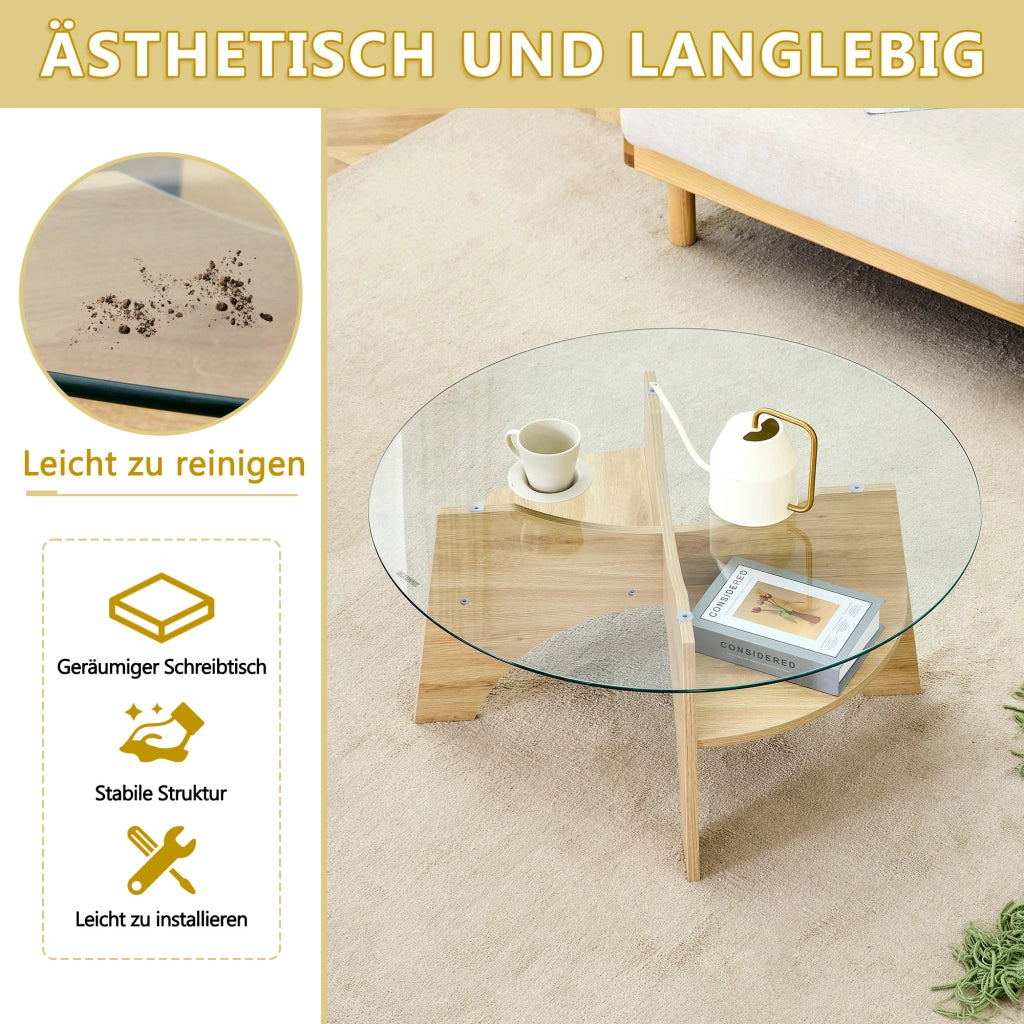 Tavolino da caffè con piano in vetro e base in MDF - per soggiorno - Ø 80×36 cm