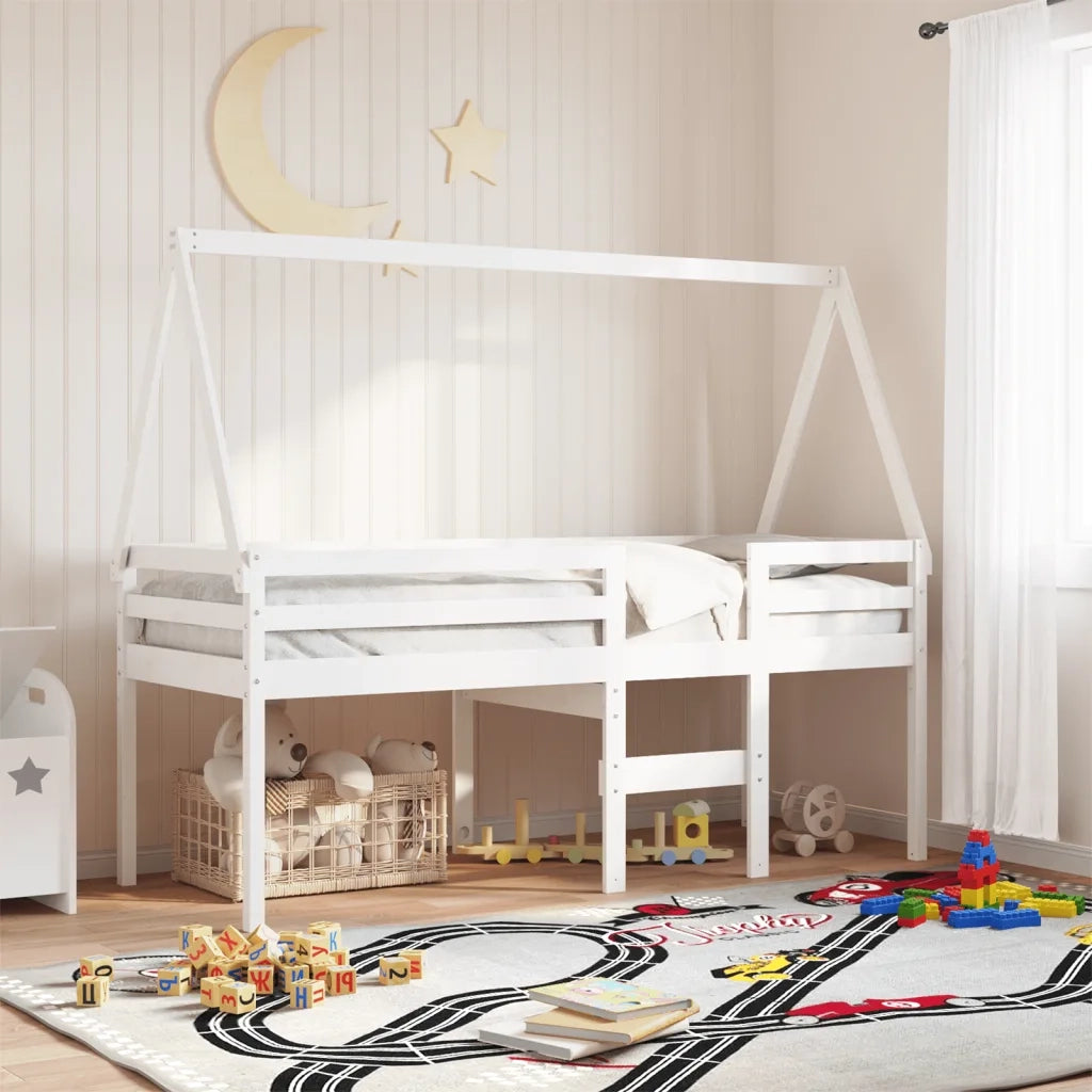 Letto singolo | Letto per adulti | Letto a Soppalco con Tetto Bianco 90x200 cm in Legno di Pino