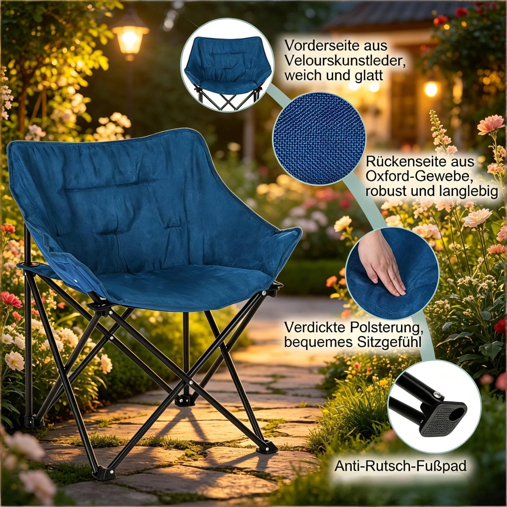 Sedia da campeggio pieghevole imbottita con schienale alto in finta pelle scamosciata metallo e oxford nero e blu