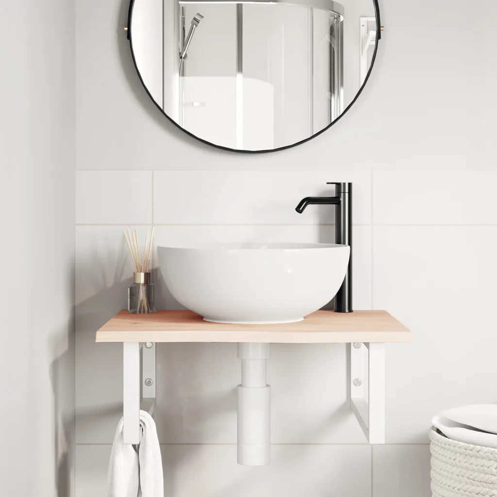 Ripiano a Parete per Lavabo in Acciaio e Massello di Rovere 3302592