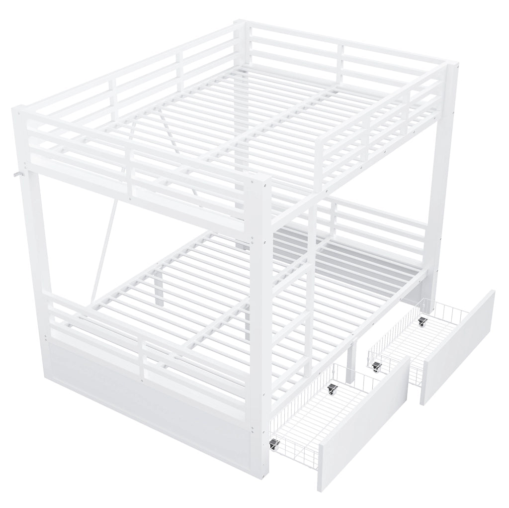 Letto a castello 140x200 cm con cassetti e scala in metallo e legno bianco