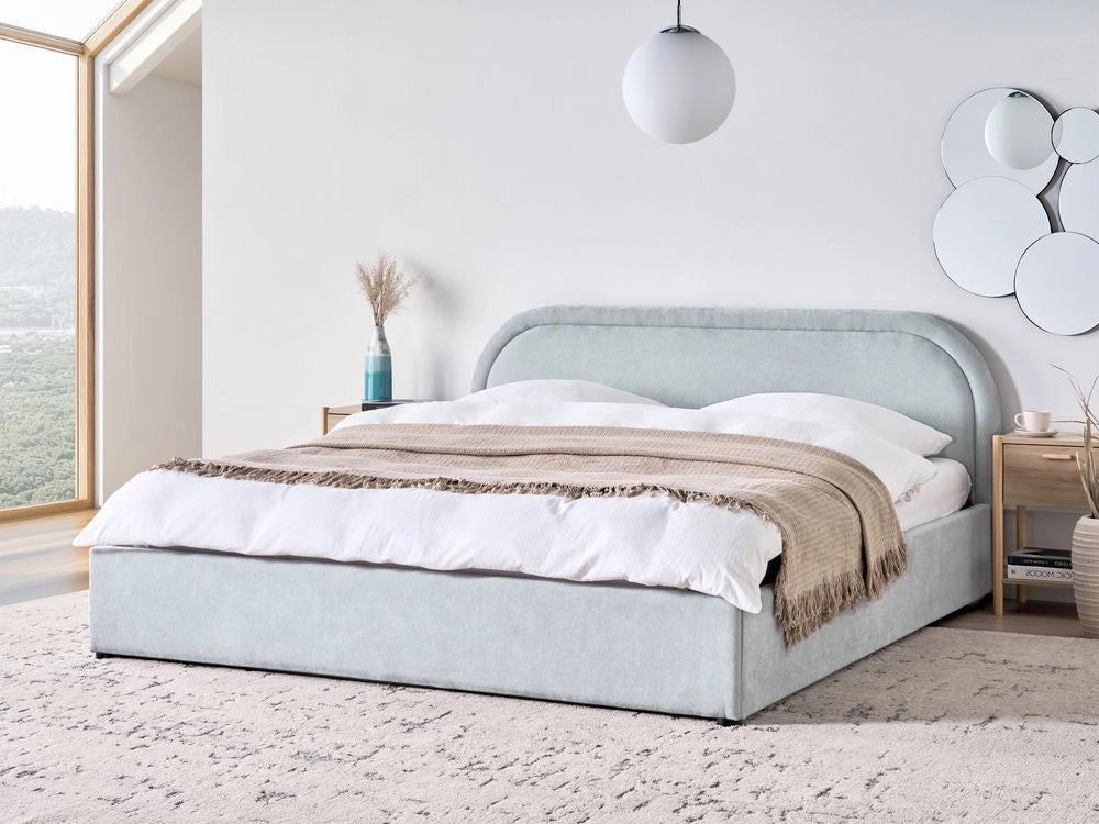 Letto matrimoniale EU Azzurro Tessuto di ciniglia 180 x 200 cm Struttura imbottita con contenitore
