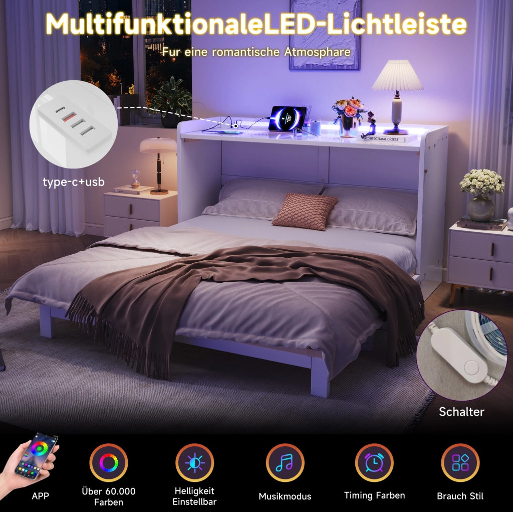 Letto a scomparsa bianco con LED e ricarica integrata