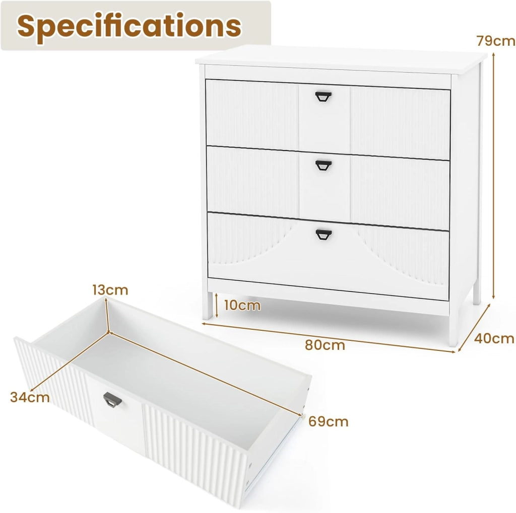 Comò Camera da Letto in Legno, Cassettiera a 3 Cassetti Moderno, Mobiletto Cucina con Maniglie e Kit Antiribaltamento, Comodino per Soggiorno, Cameretta, Studio, 80 x 40 x 79 cm, Bianco