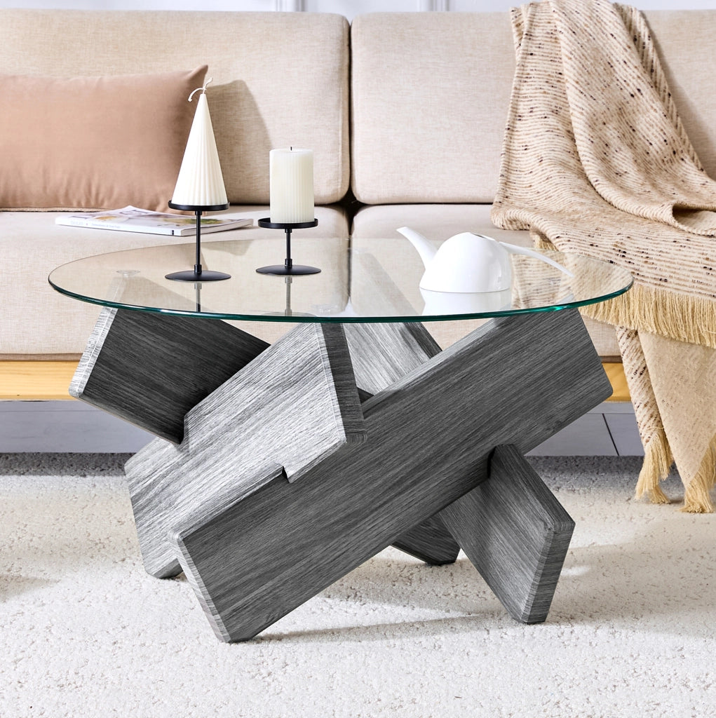 TAVOLINO DA CAFFÈ ROTONDO 79 cm MDF E VETRO GRIGIO/TRASPARENTE