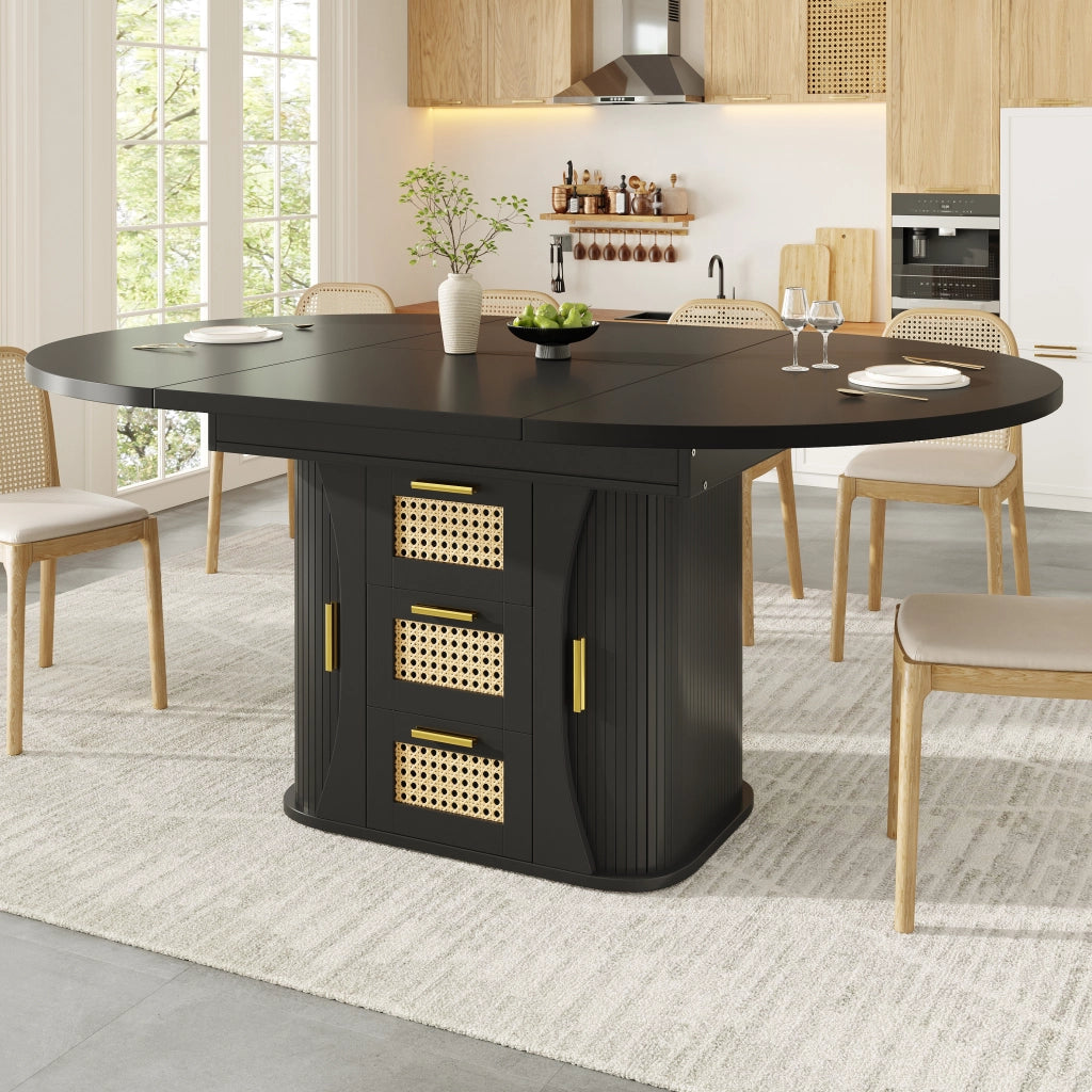 Tavolo da pranzo allungabile con contenitore; cassetti effetto rattan; in MDF e metallo; nero