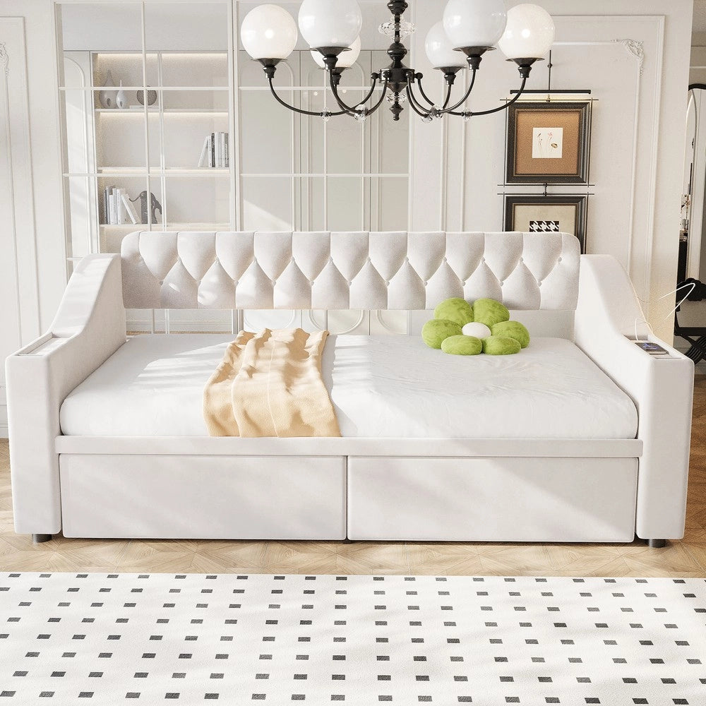 Letto Imbottito con Cassetto e USB ¨C MINIMAL ¨C Velluto Beige 90x190