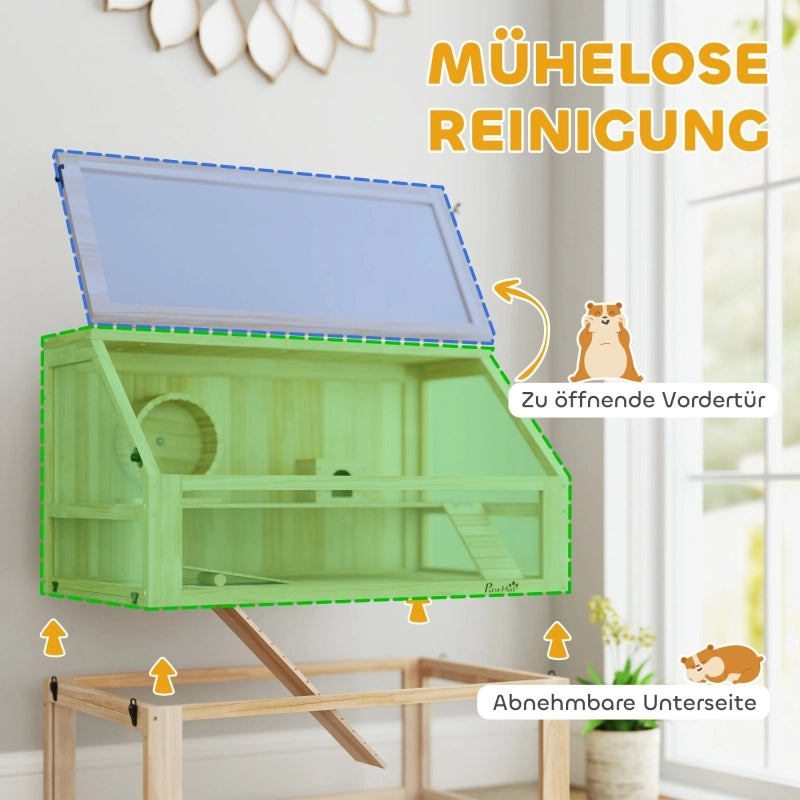 Scaffale a 3 livelli per piccoli animali con accessori, pannelli acrilici e apertura frontale in legno naturale 80 × 50 × 76 cm
