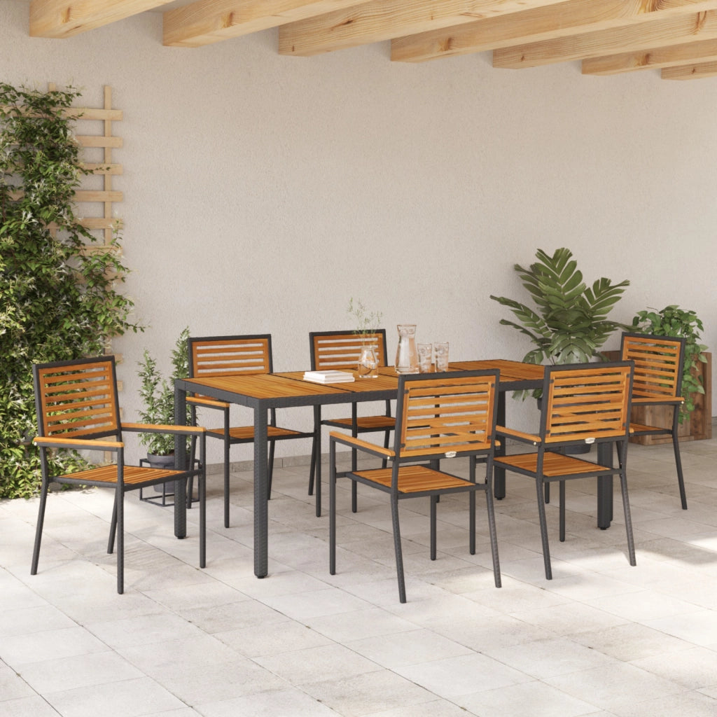Set da Pranzo per Giardino  7 Pezzi in Rattan Polietilene Nero e Acacia