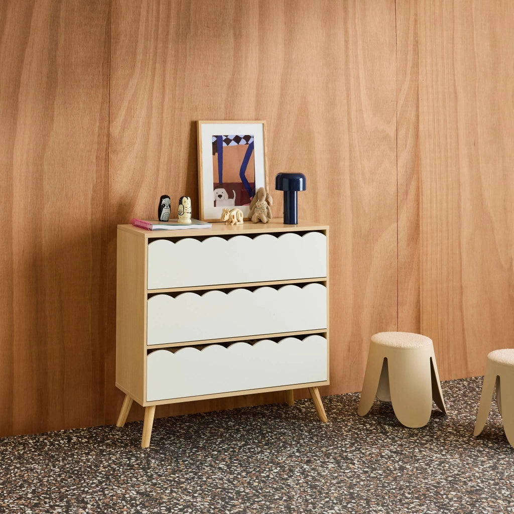 Cassettiera per bambini effetto legno 3 cassetti, bianco