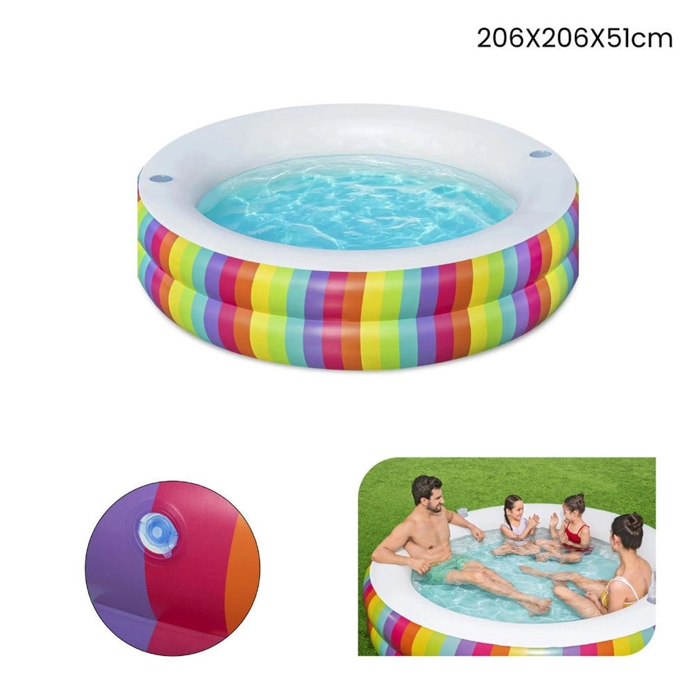 Trade Shop - Piscina Tonda Gonfiabile Family Stampa Arcobaleno 206x206x51cm Con 2 Portabicchieri 54443 -