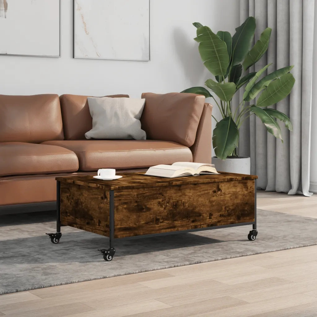 Tavolino con Ruote Rovere Fumo 91x55x34 cm in Legno Multistrato 842298