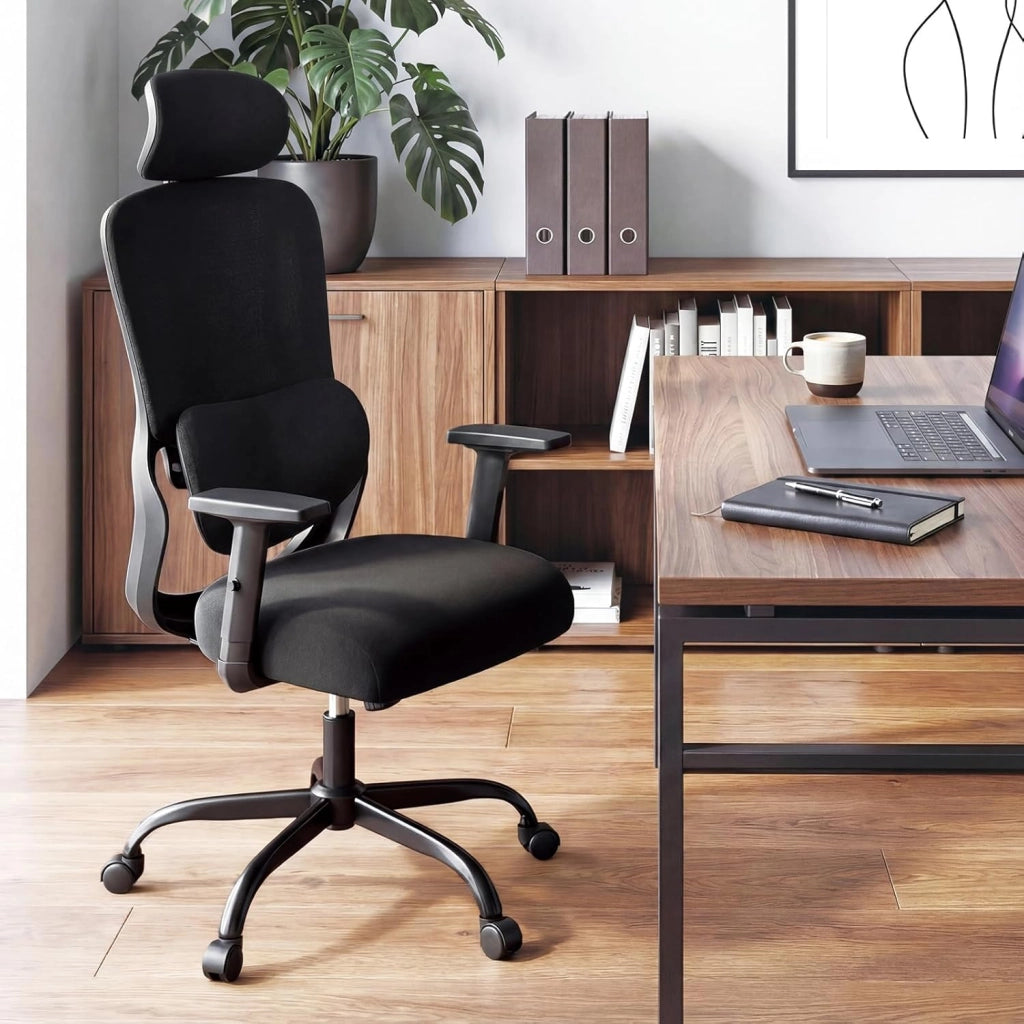 Sedia da ufficio ergonomica, sedia da scrivania girevole con altezza regolabile, supporto lombare, braccioli e schienale inclinabile, 5 ruote, carico fino a 136 kg, per camera da letto, studio