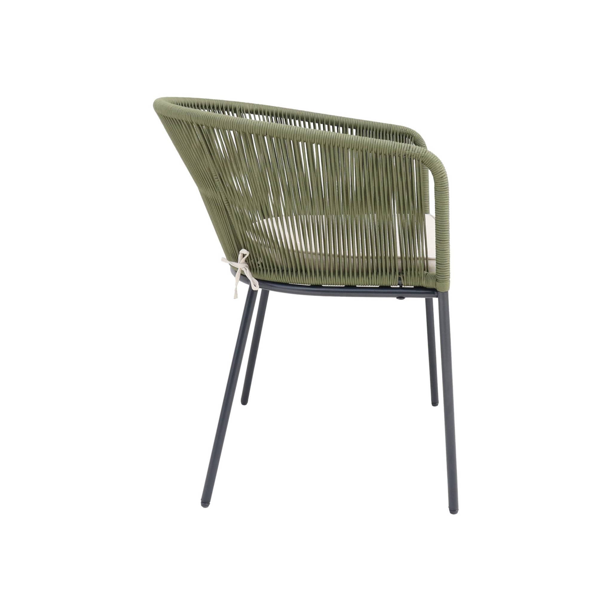 Set di 4 poltrona da giardino in corda e acciaio zincato, verde kaki