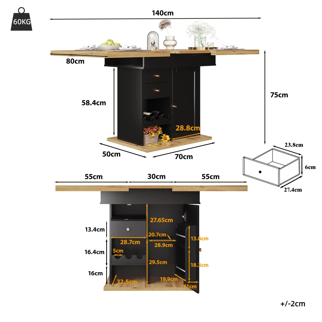 Tavolo da pranzo allungabile con anta ribaltabile, cassetto e ripiani, per cucina e soggiorno, nero, 110 × 80 × 75 cm