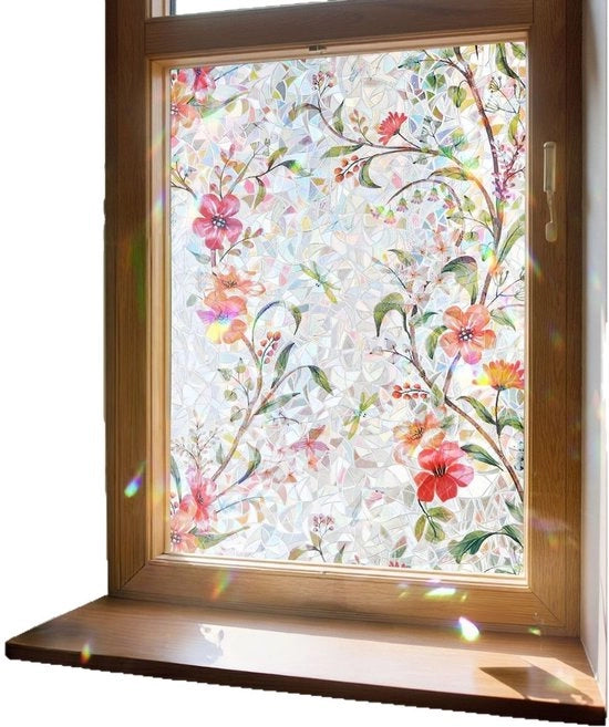 Foglia decorativa per finestre con disegno di fiori, base a forma di mezzaluna, effetto arcobaleno - foglia decorativa statica senza colla e residui - 45x200cm