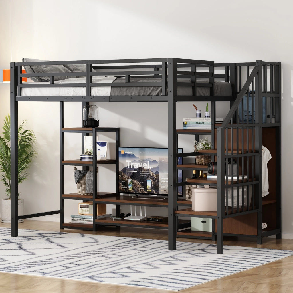 Letto a Soppalco Singolo con Supporto TV; Presa e Scala Contenitore; 90×200 cm; senza Materasso; Nero