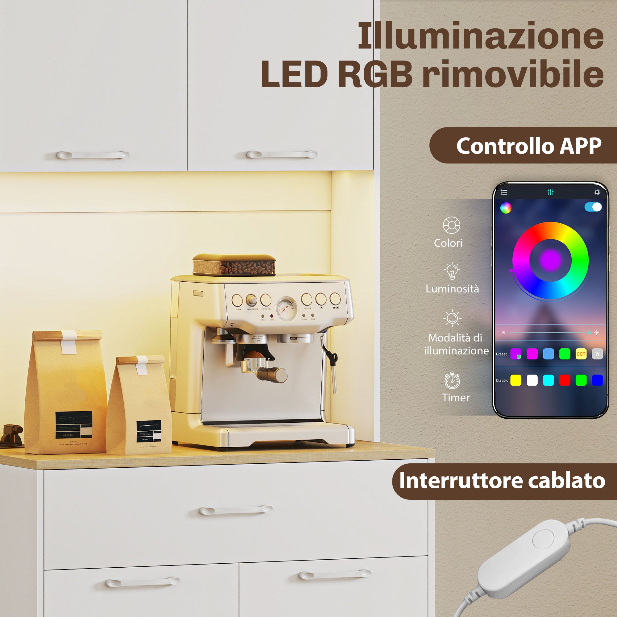 Credenza Moderna 71x40x180 cm con Luci LED Prese Elettriche e USB 2 Armadietti e Cassetto Bianco