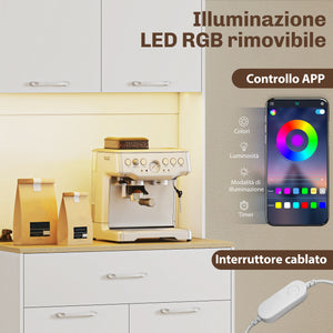 Credenza Moderna 71x40x180 cm con Luci LED Prese Elettriche e USB 2 Armadietti e Cassetto Bianco