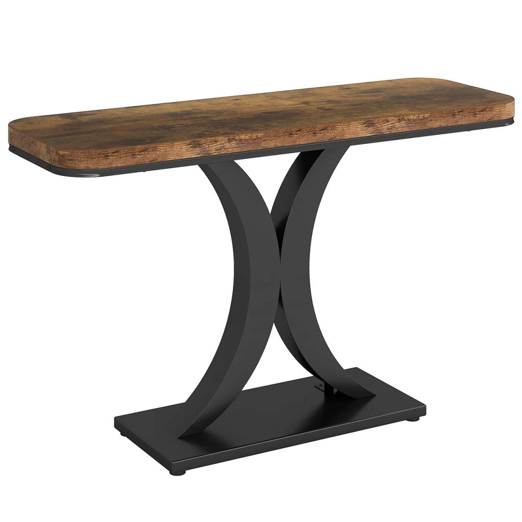 Consolle stile industriale con piano in legno e struttura geometrica in metallo nero marrone rustico 100 × 29,5 cm