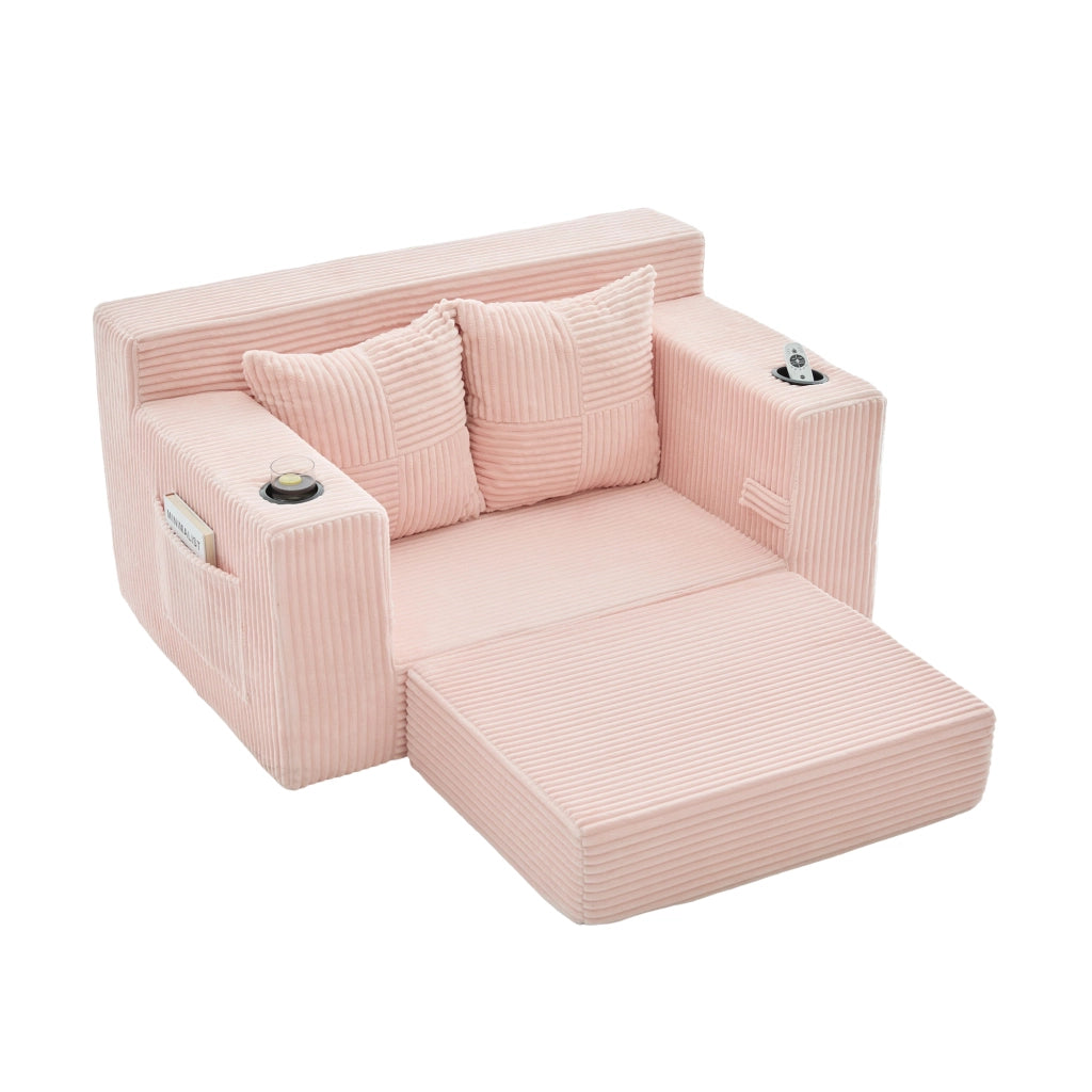 Divano due posti rosa 151 x 133 x 64 cm con cuscini e portabicchieri; velluto a coste