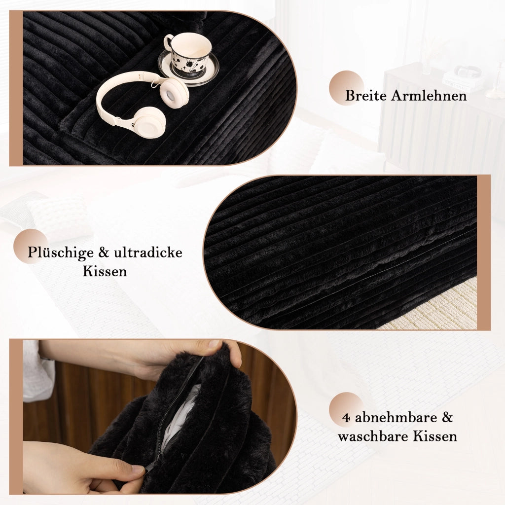 CHAISE LONGUE 175x137x63 cm in velluto a coste nero, 4 cuscini rimovibili