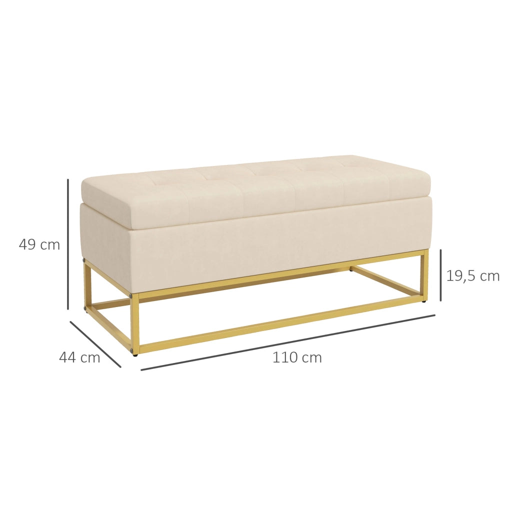 Banca contenitore con seduta capitonné in poliestere effetto flanella e gambe in acciaio oro beige 110 × 44 × 49 cm